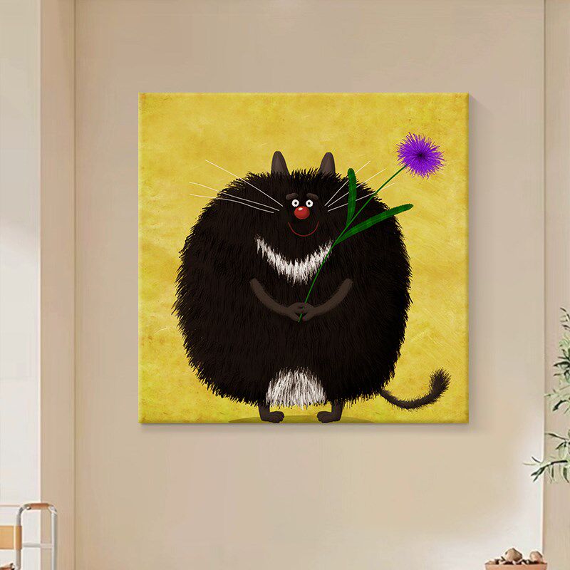 奶油风炸毛黑色小猫纯手绘油画玄关客厅装饰画卡通动物儿童房挂画