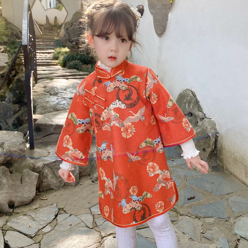 儿童秋款旗袍宽松红色唐装女童复古连衣裙女孩秋装花朵外套礼服