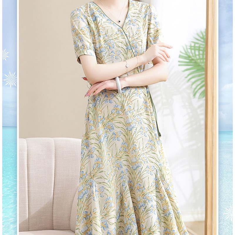 妈妈夏装连衣裙洋气高贵2024新款女装夏季短袖雪纺气质裙子显瘦潮