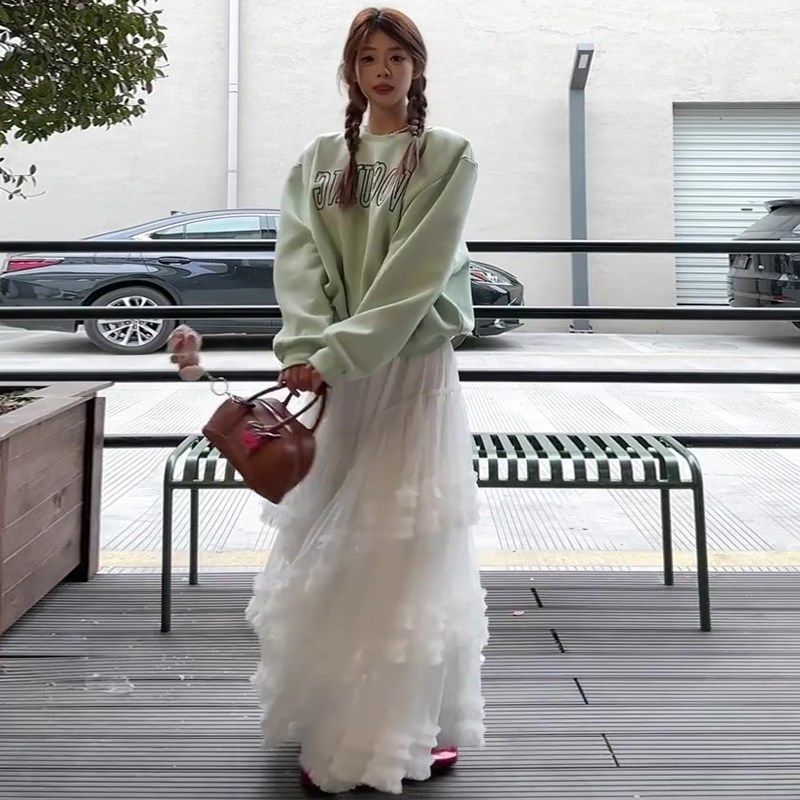 白色网纱蕾丝蛋糕裙女春季2025新款松紧高腰显瘦垂坠感蓬蓬半身裙