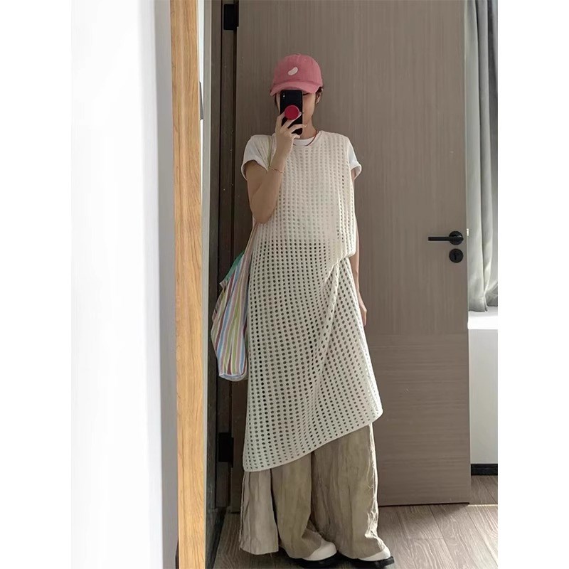 中长款镂空冰丝亚麻防晒罩衫无袖连衣裙叠穿坎肩针织衫裙子女夏季