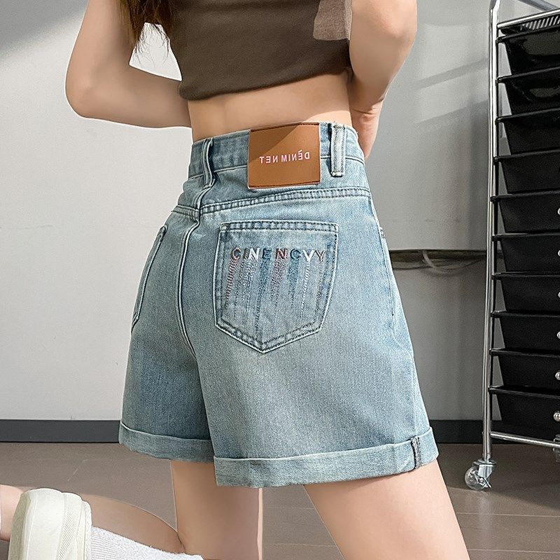 浅色卷边牛仔短裤女夏季薄款新款高腰刺绣小个子显瘦a字宽松热裤,女装/女士精品,牛仔裤,淘宝优惠券,粉丝福利购,淘宝优惠卷