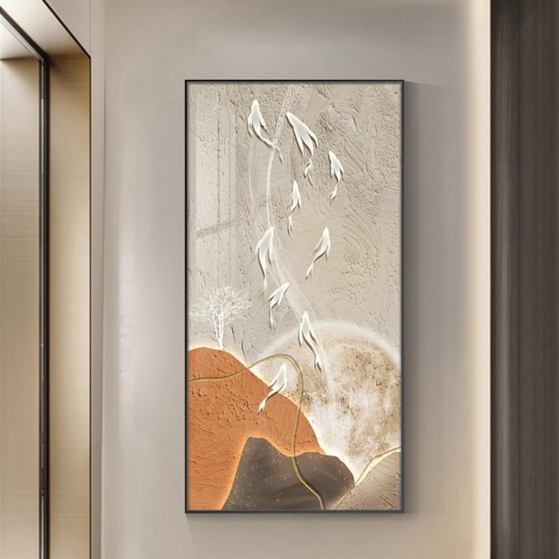 现代简约九鱼图玄关装饰画走廊过道挂画侘寂风入户门竖款装饰壁画