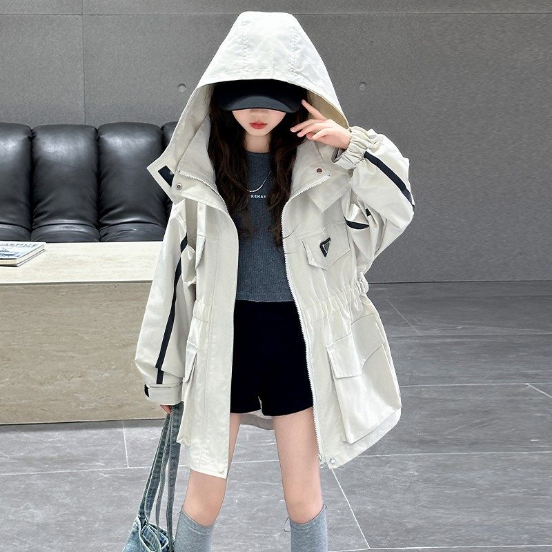 女大童连帽风衣外套2025春秋季新款洋气女孩休闲中长款冲锋衣夹克,童装/婴儿装/亲子装,风衣,淘宝优惠券,粉丝福利购,淘宝优惠卷