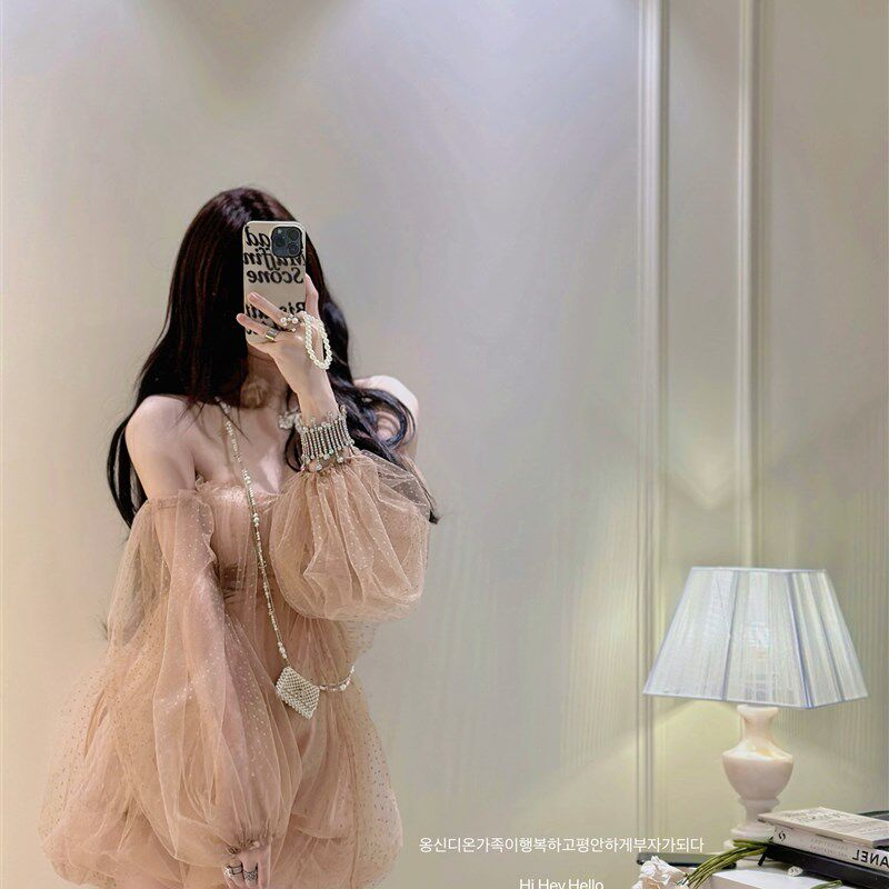 【落日肉桂】浪漫法式泡泡袖一字露肩抹胸连衣裙网纱生日公主裙