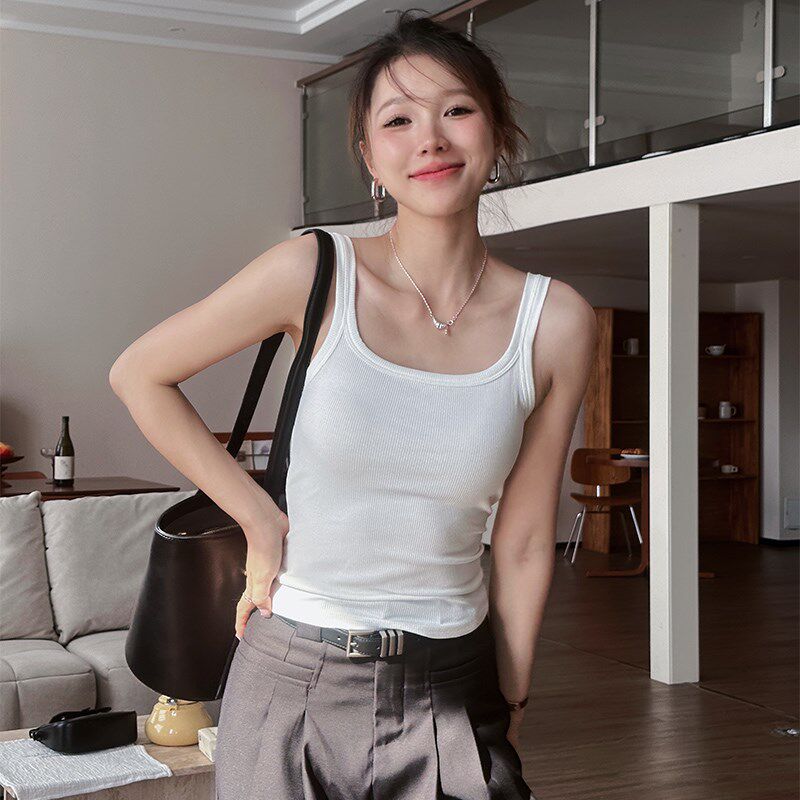 白色小吊带背心女2025新款夏外穿带胸垫免穿文胸一体式方领内搭