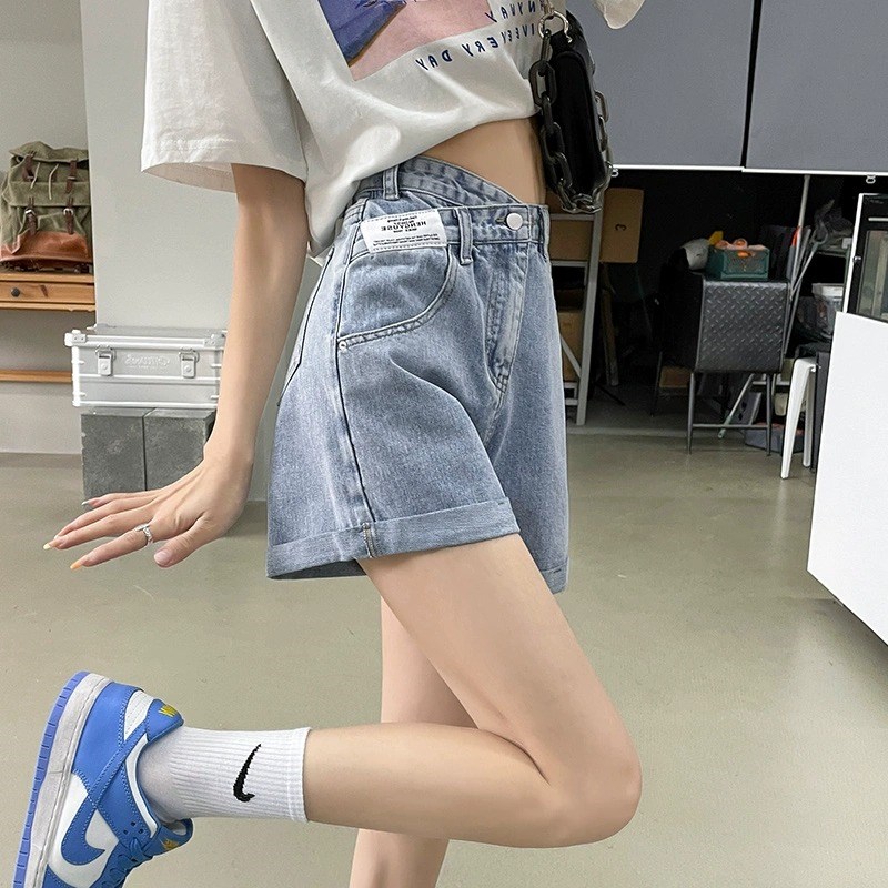 卷边超高腰牛仔短裤女夏季薄款显瘦宽松设计感小个子a字阔腿热裤