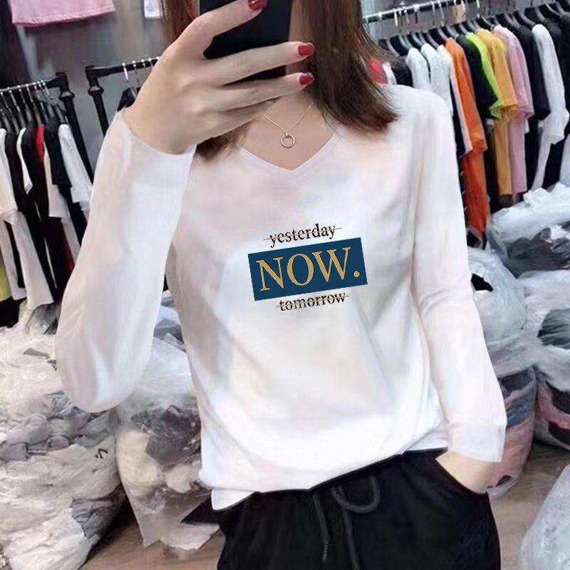 潮纯棉v领百搭宽松上衣2024新款时尚长袖t恤女春装白色字母打底衫