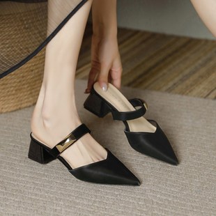 黑色半拖鞋包头凉鞋女粗跟外穿高级感2024夏天浅口中跟高跟配裙子