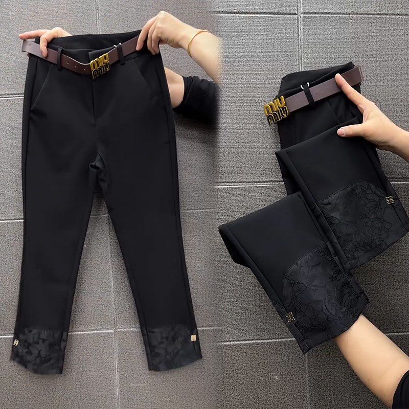 提花拼接小西裤女九分裤2024春秋新款弹力休闲裤小脚裤显瘦西装裤