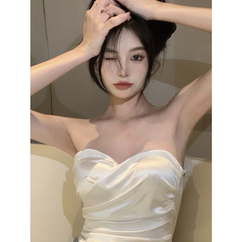 缎面抹胸女外穿短款带胸垫不规则裹胸背心早春法式无肩带美背上衣