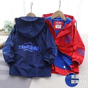 男童薄绒外套 春秋外贸童装 儿童女童秋冬红色藏青加绒连帽冲锋衣