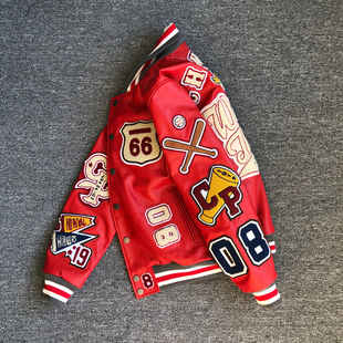 春秋新款 真皮棒球服男休闲皮衣重工刺绣牛皮夹克高端红色短外套潮