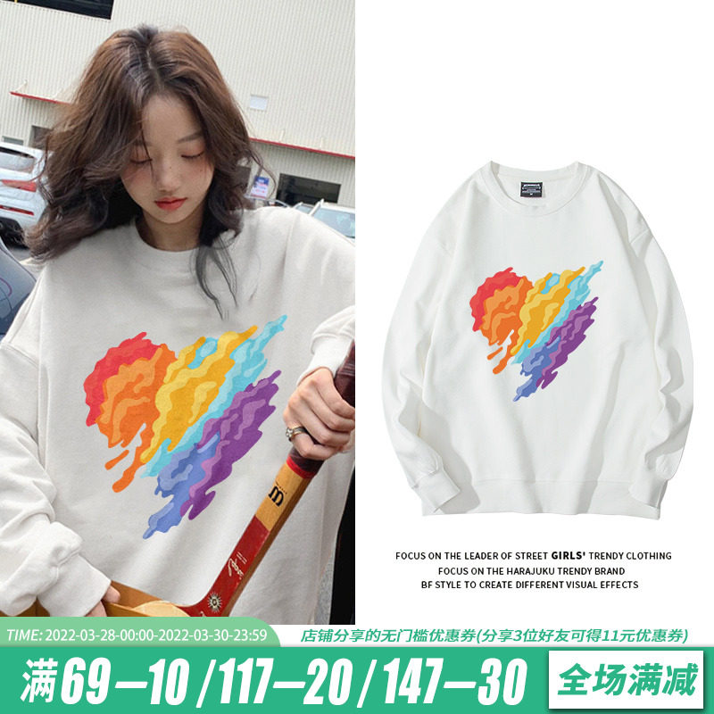 设计感小众印花白色圆领卫衣女2022年新款早春宽松春秋薄款上衣潮