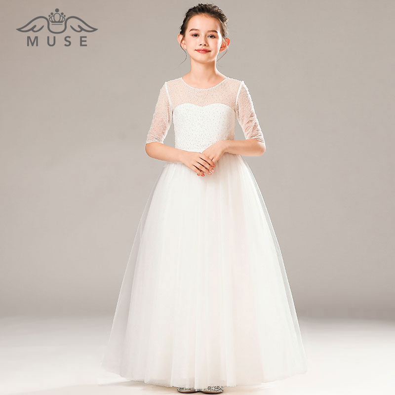 女童晚礼服钢琴演出服主持花童婚纱儿童生日白色公主裙蓬蓬纱春夏