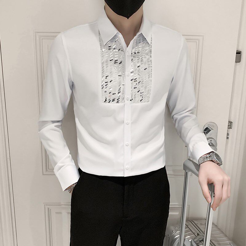 韩版夜店潮流修身亮片衬衣男士休闲长袖闪亮礼服衬衫男歌手演出服