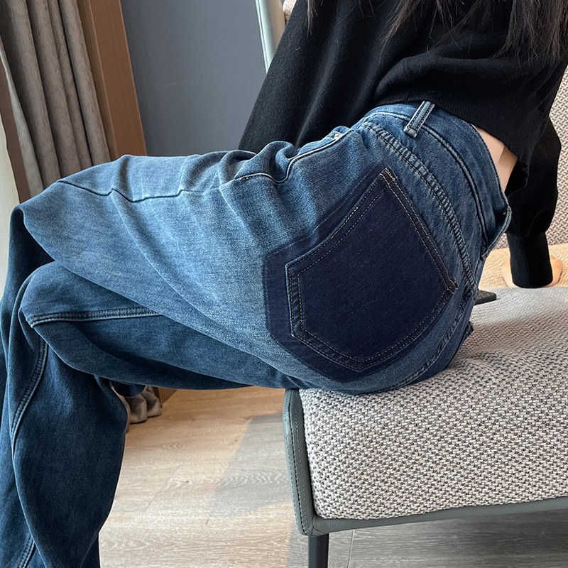 蓝色阔腿牛仔裤女2024年秋冬新款高腰直筒加绒加厚复古拖地裤子潮