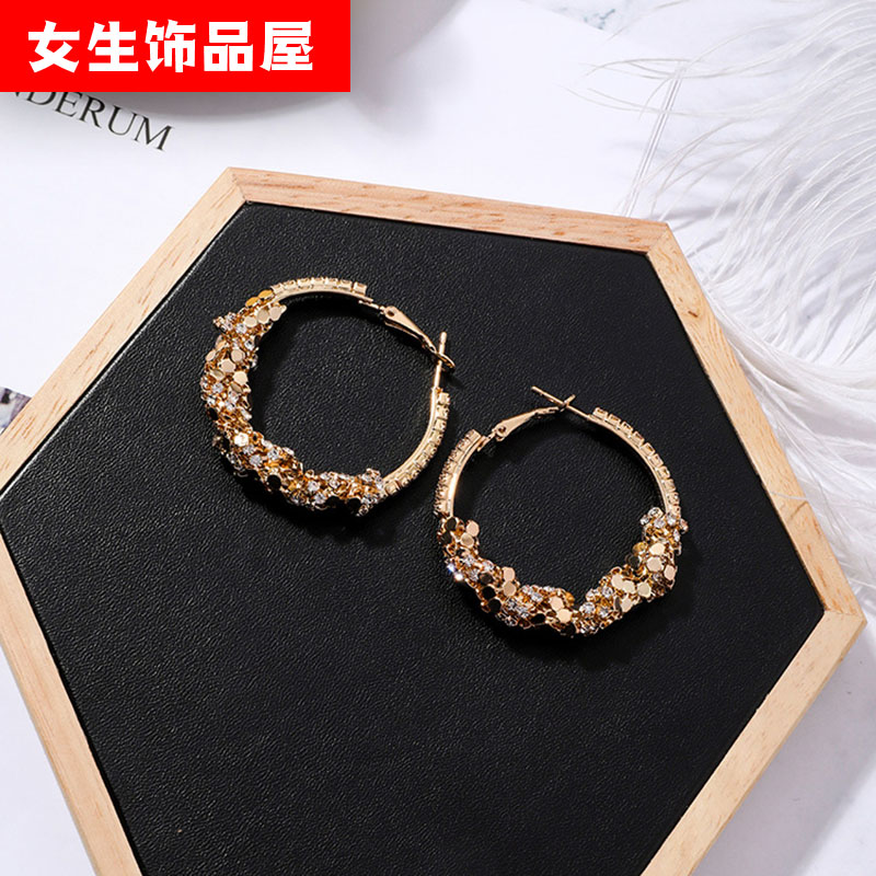 个性网红百搭冷淡风耳圈金属亮片圆环大圈圈耳环女韩潮人气质时尚