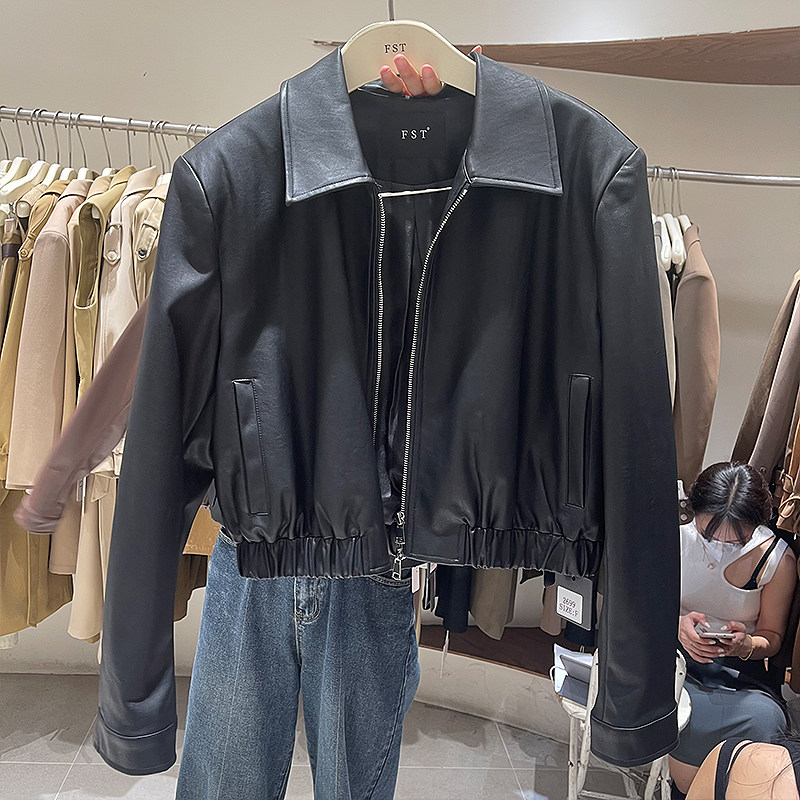 十三行2024秋新款短款显瘦长袖翻领机车服时尚pu皮夹克皮衣外套女