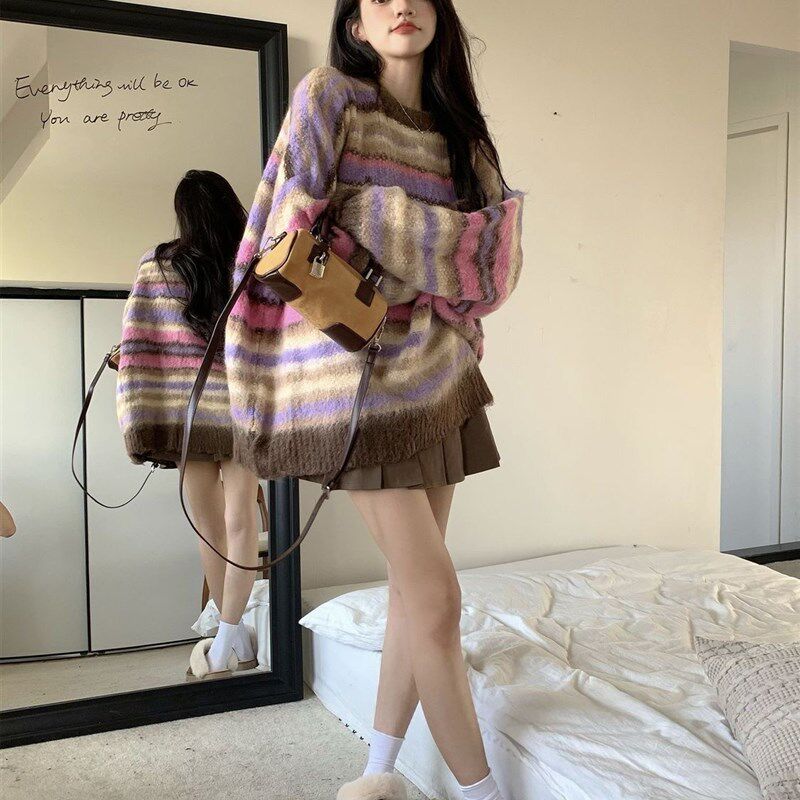秋冬季一整套小个子甜美穿搭彩色条纹针织衫毛衣百褶裙两件套装女