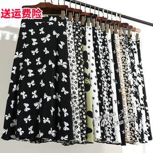 黑底雪纺碎花半身裙女夏季2023新款中长款小个子裙子花裙长裙半裙