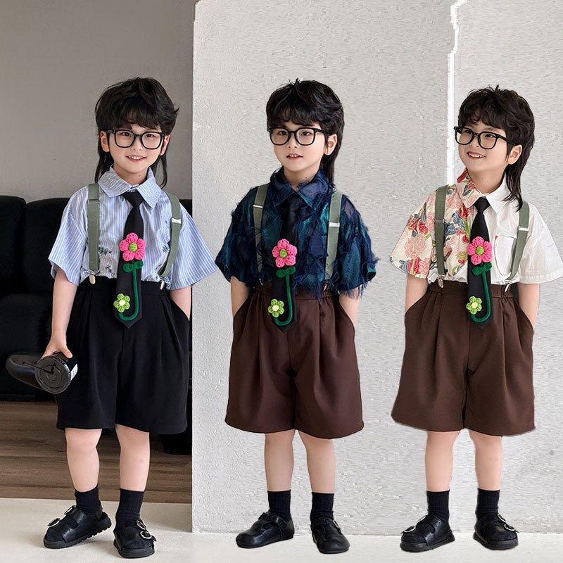 男童西服小男生主持人演出服男宝参加婚礼衣服儿童西装背带裤礼服