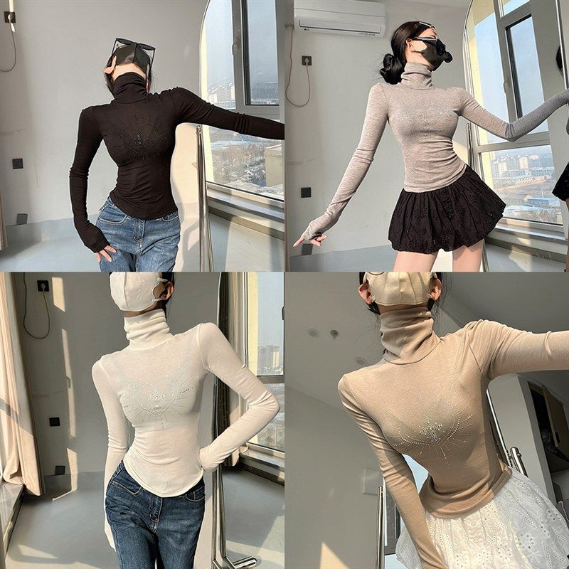 设计感烫钻百搭高领长袖T恤女春夏2025新款修身内搭打底短款上衣,女装/女士精品,T恤,淘宝优惠券,粉丝福利购,淘宝优惠卷