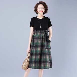 拼接印花连衣裙女2021夏季新款韩版系带收腰宽松显瘦遮肚中长裙潮