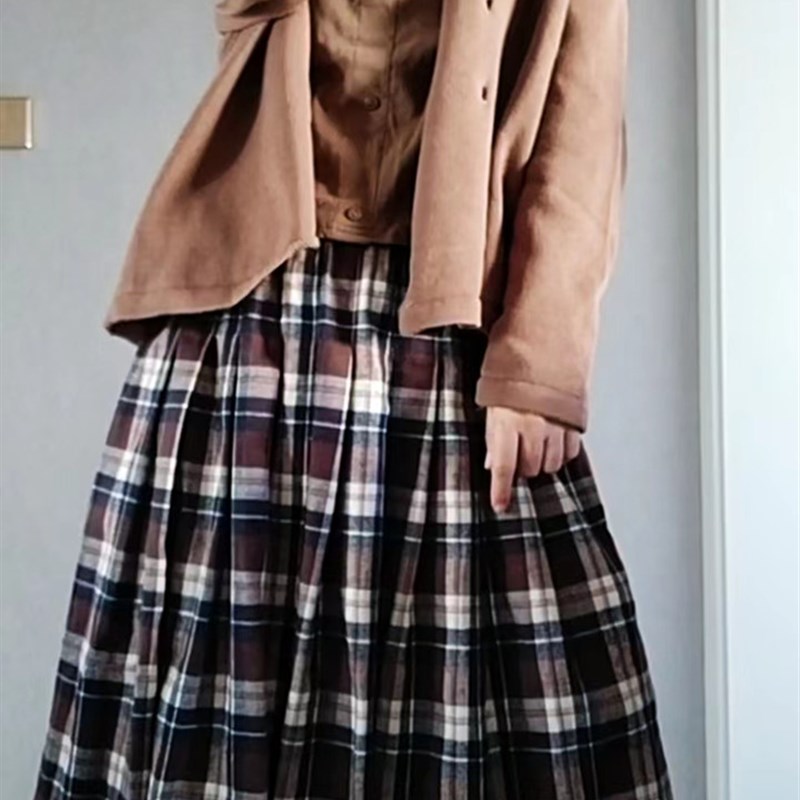 春秋休闲半身裙百搭条纹裙子文艺气质复古格子女装宽松棉麻中长裙