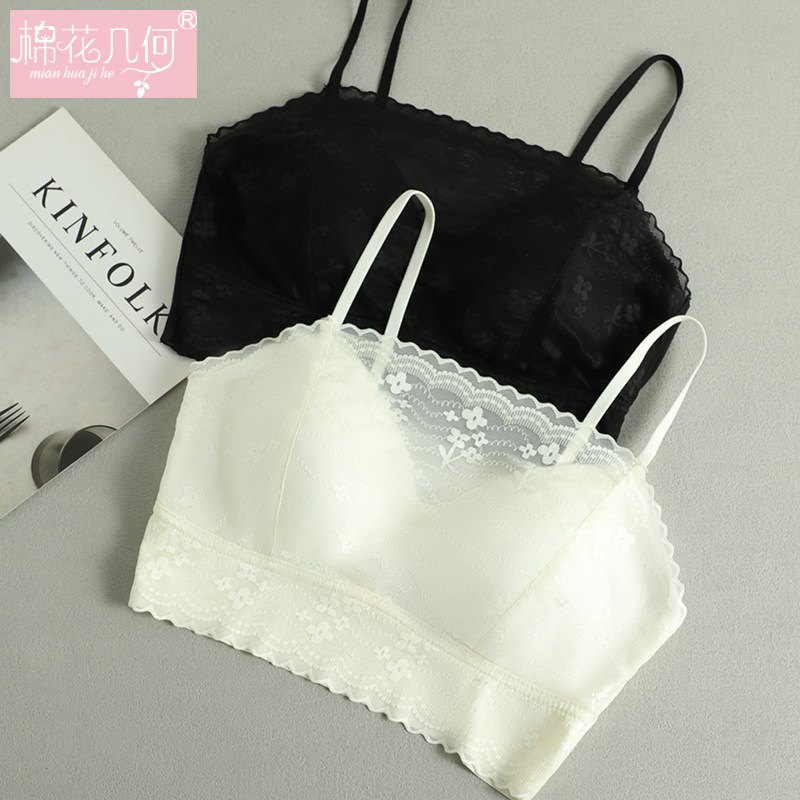 无痕内衣女夏冰丝镂空美背加厚文胸一体背心式裹胸防走光蕾丝抹胸