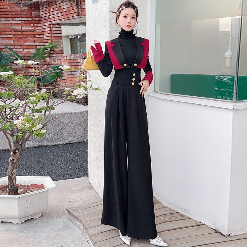 巨显瘦遮肉拼色气质修身上衣高腰垂感阔腿裤长裤高级时装套装2023,女装/女士精品,时尚套装,淘宝优惠券,粉丝福利购,淘宝优惠卷