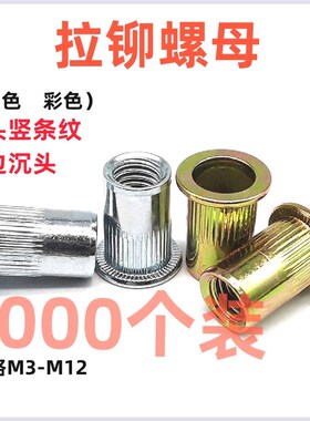 铆钉拉铆螺母平头沉头竖纹铆接螺母薄板内L置螺母嵌入式蓝白锌彩