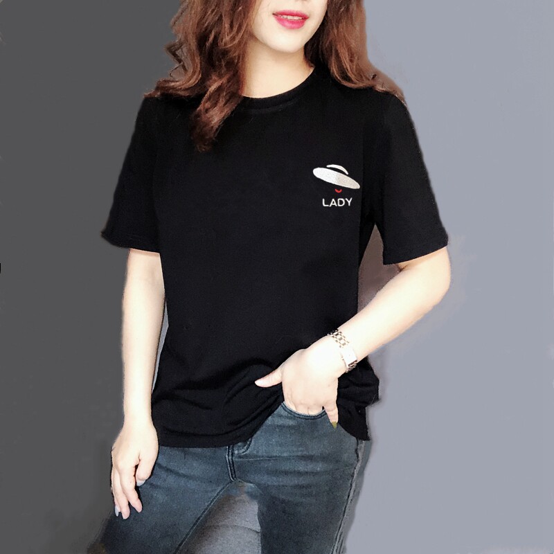 2021夏装女短袖t恤黑色纯棉字母刺绣圆领韩版大码半袖修身显瘦潮