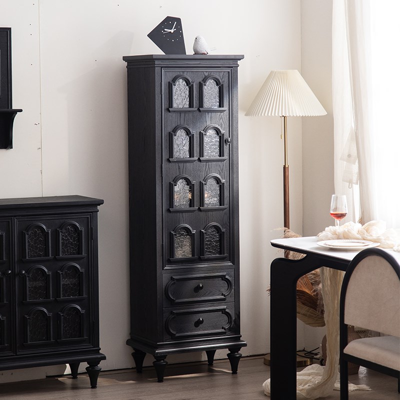 欧式仿古黑色洞穴单门酒柜客厅超薄过道角柜中古风实木靠墙小立柜