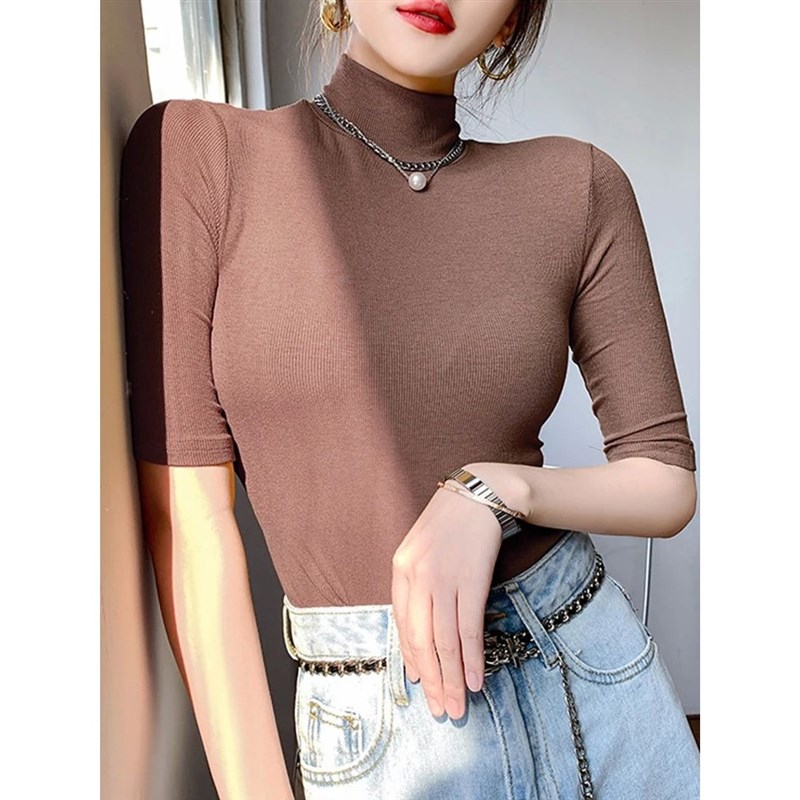 Basic  Te Shirt Women Turtleneck Slim Tshirt Short Sleeve