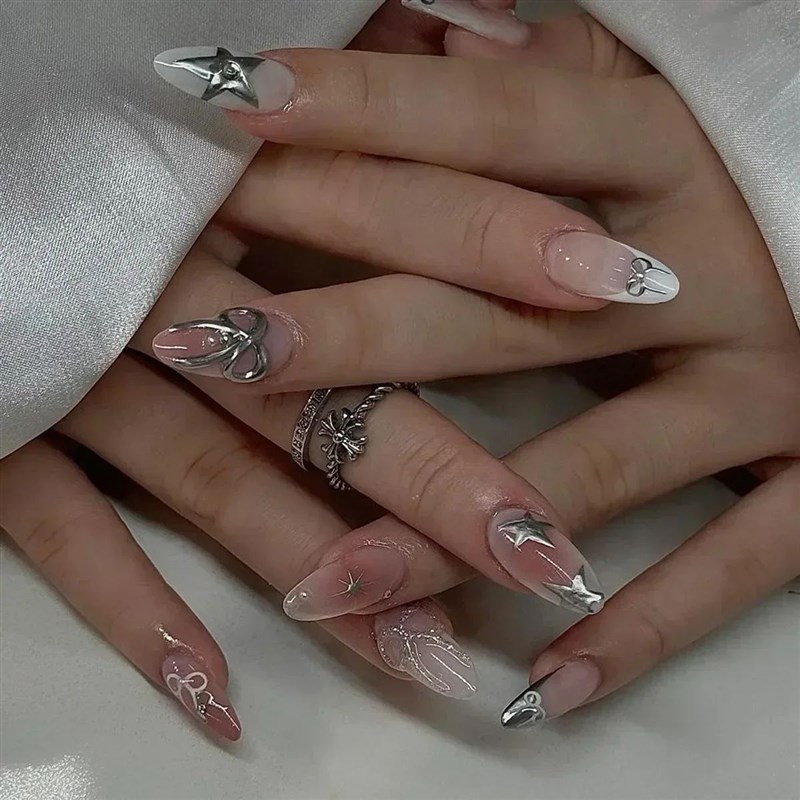24Pcs Y2k Almond Acrylic Nails Full Cover 3D Diamond BZlack
