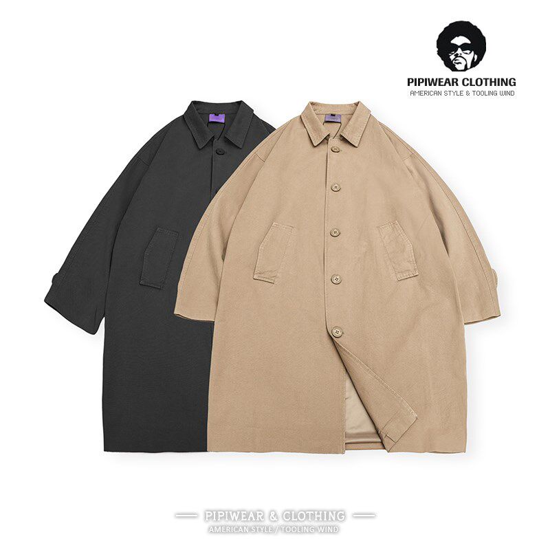 日式复古情侣卡其色中长款男风衣2021年新款潮春秋日系宽松外套潮