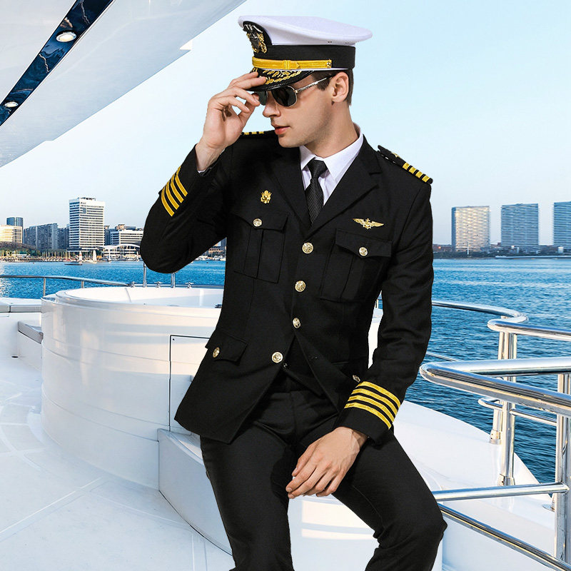 船长海员制服保安服套装男机长制服黑色西装酒吧演出个性礼服外套