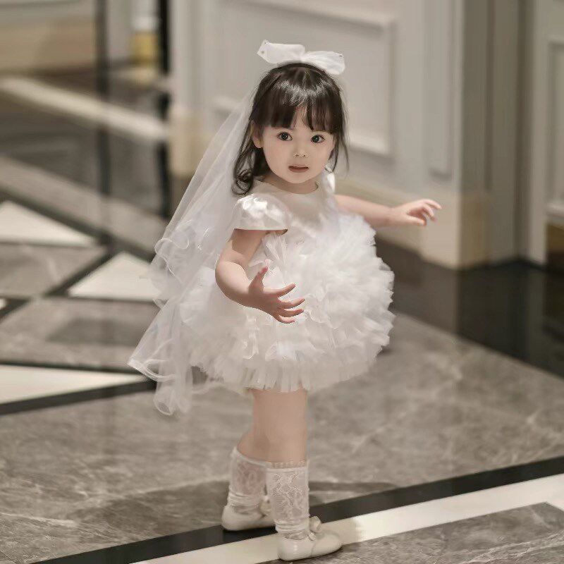 白色女童周岁生日抓周服小花童婚纱礼服女公主裙短袖礼服蓬蓬裙