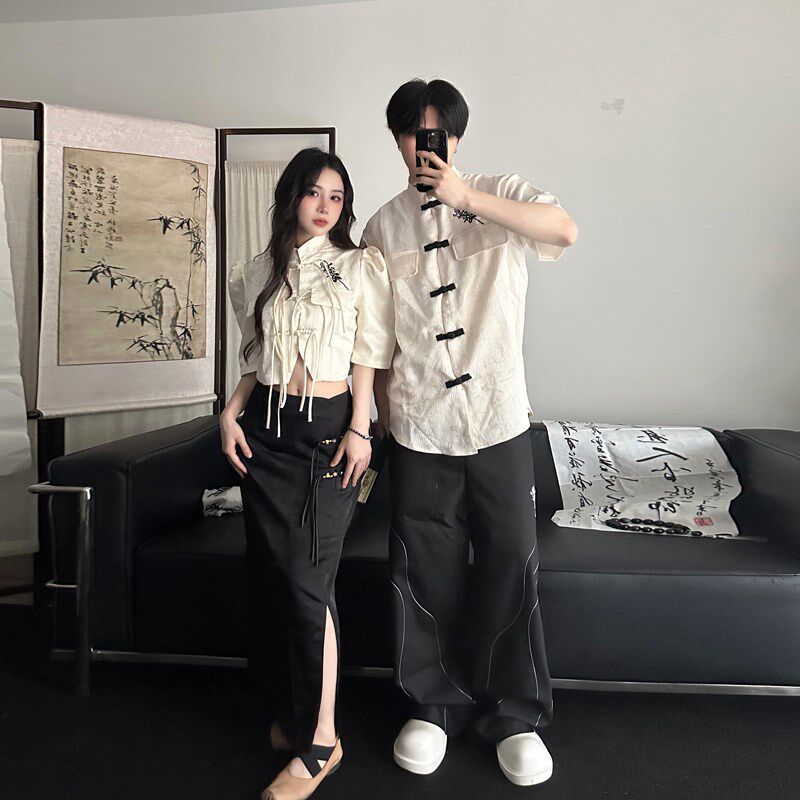 夏季新中式重工刺绣套装复古半身裙中国风盘扣短袖一裙一衣情侣装