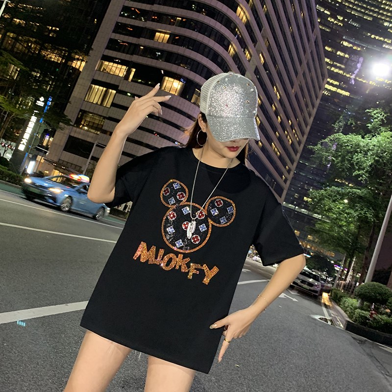 大码女装200斤胖mm短袖夏装宽松显瘦上衣加肥加大重工烫钻t恤女