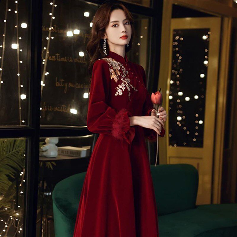 大码孕妇酒红色中式改良旗袍敬酒服新娘高腰遮肚子结婚礼服回门服