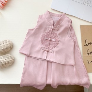 女童套装2025夏款小童洋气新中式唐装背心女宝国风山本裤子两件套