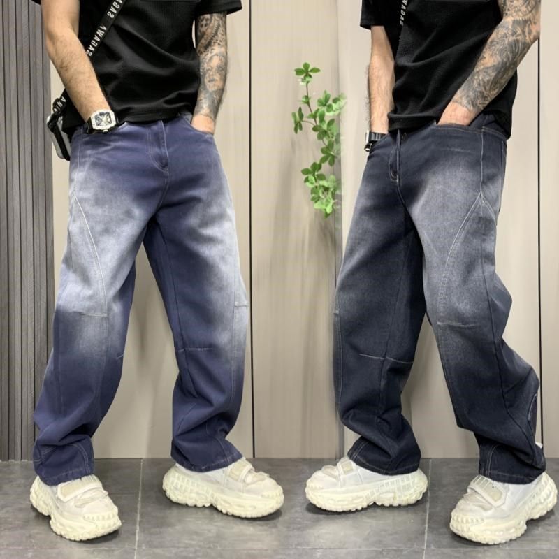 男士牛仔裤宽松直筒青少年学生松紧腰系绳长裤潮流男女春秋上新