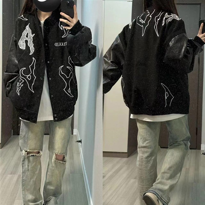 美式高街hiphop字母刺绣烫钻棒球服外套女春秋设计感宽松情侣夹克