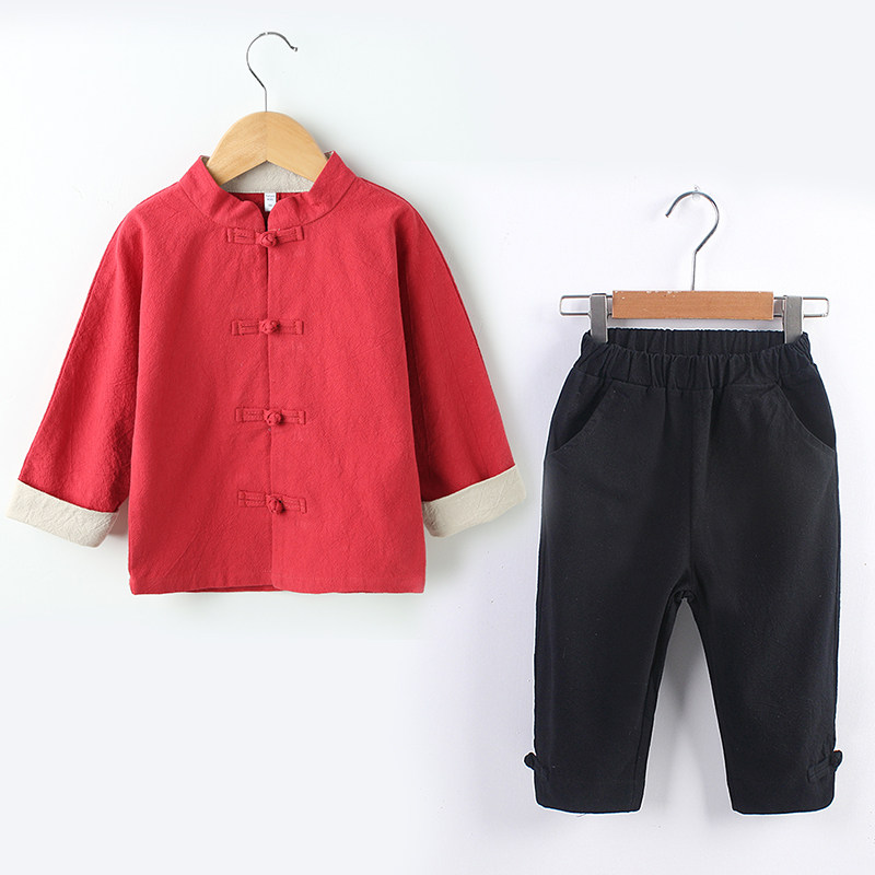儿童唐装春秋季男童汉服套装中式服装宝宝棉麻长袖复古中国风童装