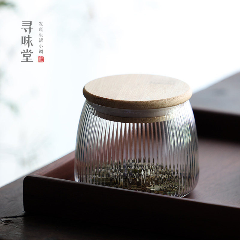 竹盖条纹玻璃罐茶叶罐收纳罐密封罐储物罐日式糖果杂粮家用罐子