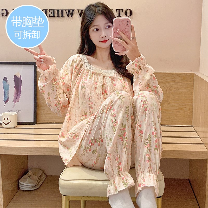 带胸垫睡衣女春秋冬季纯棉长袖甜美碎花公主风加肥大码家居服套装