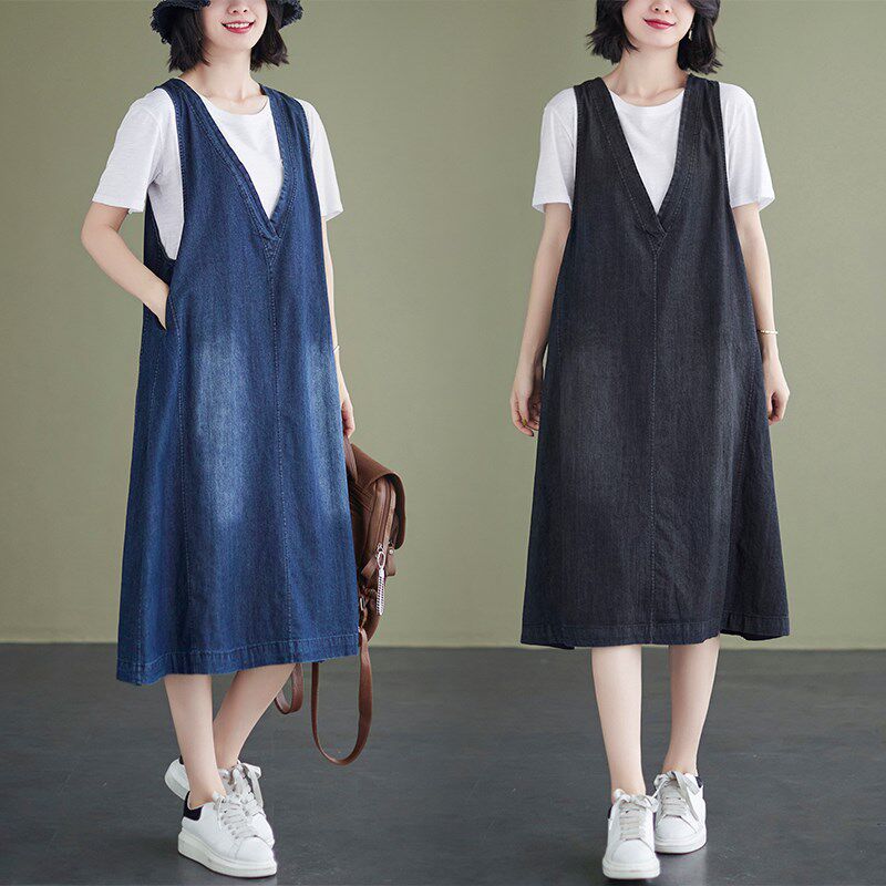 2025夏装牛仔显瘦背心裙休闲宽松大码中长款薄款V领无袖连衣裙女