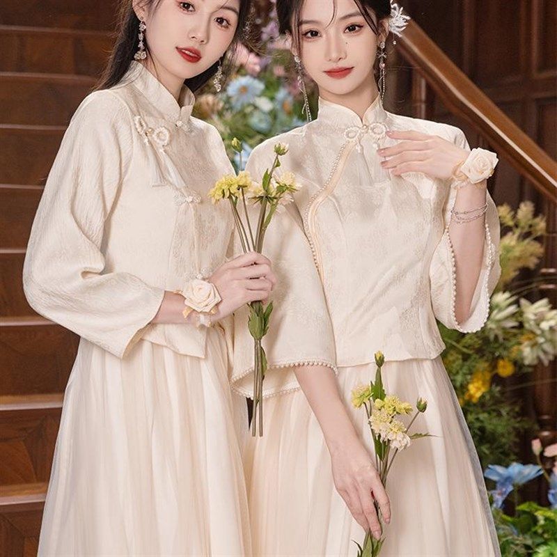 中式伴娘服2024秋冬新款姐妹团国风小个子礼服高级感平时可穿显瘦